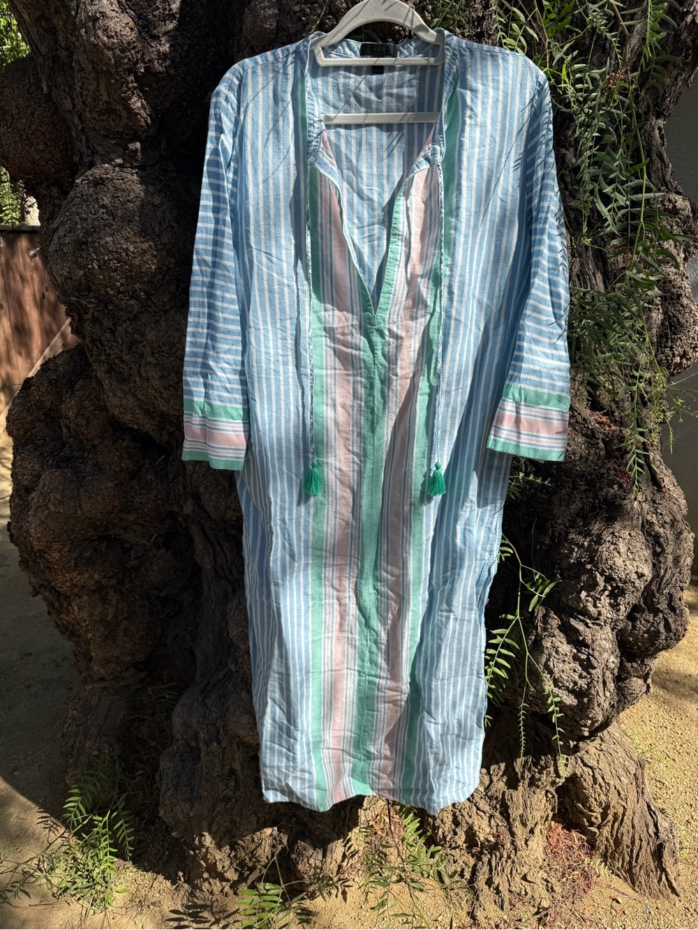 J. Crew Blue, Pink & Mint Striped Cotton Swim Coverup with Tassel Tie